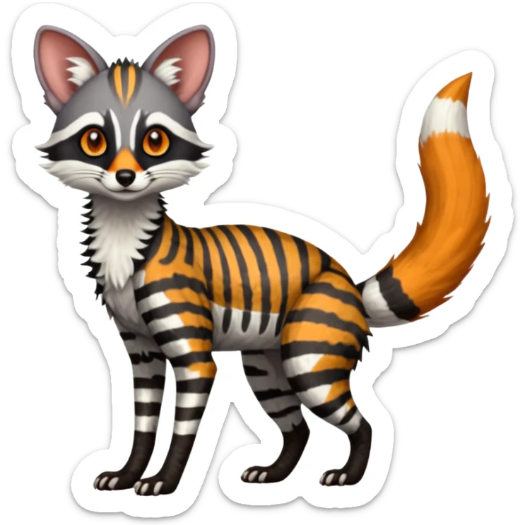 Feral Rare Fantasy shaded detailed colorful Genet-Vernid-Sergal-Fox-Trico-Civet-Cacomistle-Margay-species by LiLaiRa, with white stripes with dark-blackish points, white belly, random markings, tufted tail, tufted ears, full body sticker