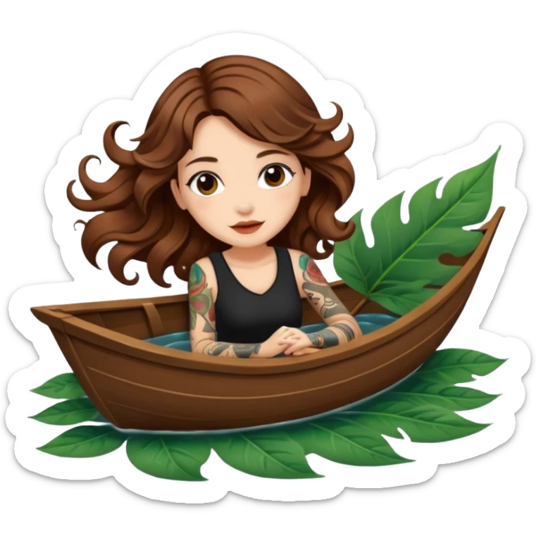 cute woman long wavy brown hair tattoos floating on leaf boat sticker