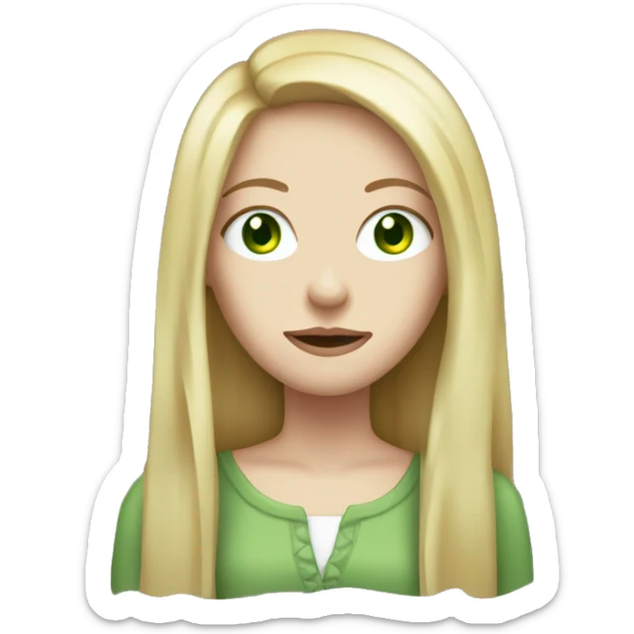 long dark red hair girl, pale skin, green eyes, blonde money pieces sticker