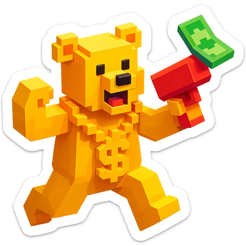 Russian grizzly bear with a rapper chain and money gun, in a dynamic pose sticker