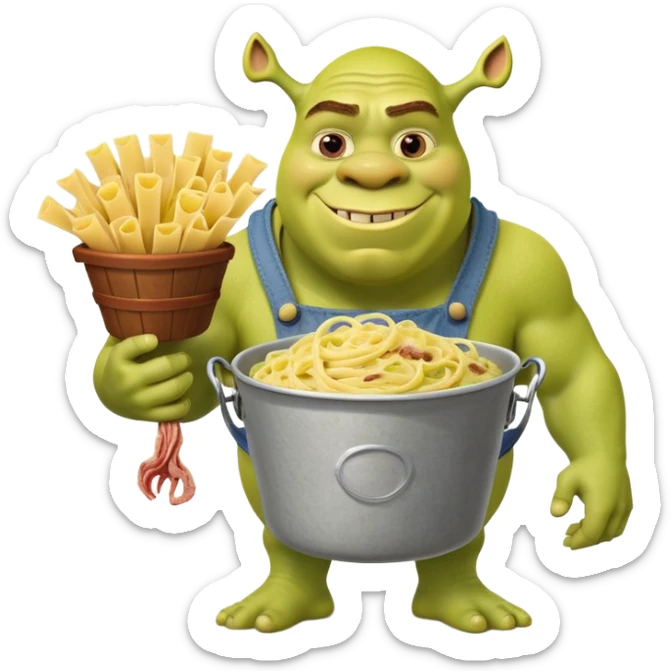 Shrek the green ogre holding a bucket full of carbonara pasta sticker