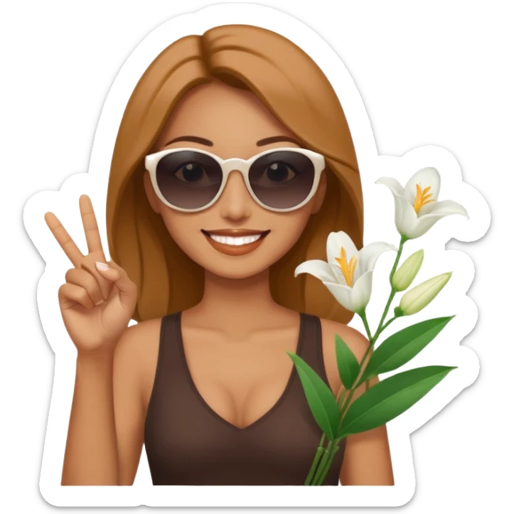 Relaxed sexy woman smiling holding lilies posing in shades  and flashing peace sign  hand sticker