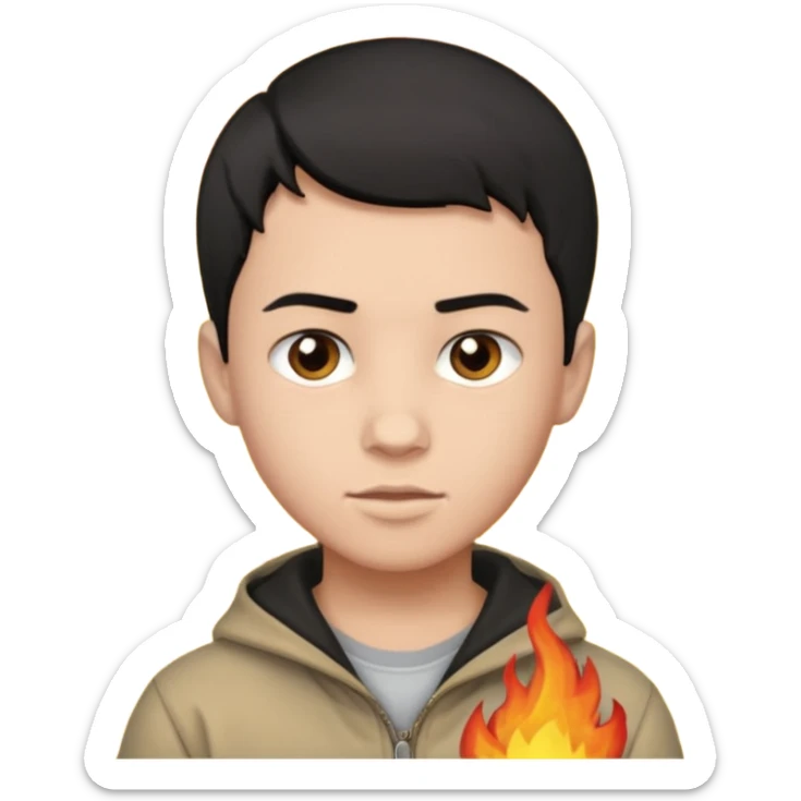 An Emoji of boy with short black hair, who can be described by three words: risk-taker, fire, realist sticker