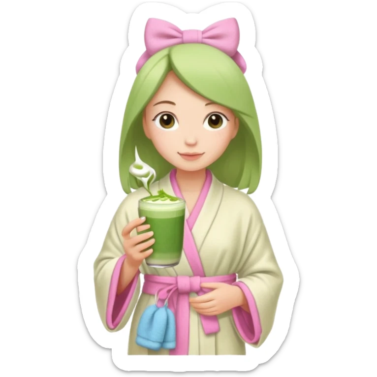 Girl with towel and a pink bow on the towel and the girl holding a matcha latte and wearing a robe sticker