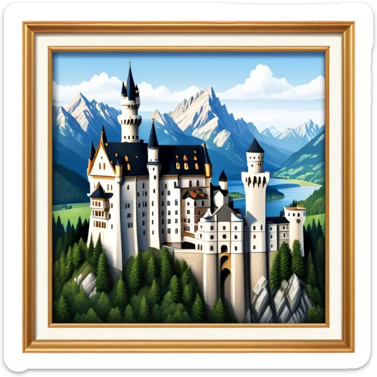 Cinematic Realistic Neuschwanstein Castle Landmark Emoji, depicted as the fairy‚Äêtale castle set against a mountainous backdrop rendered with dramatic lighting and intricate textures. sticker