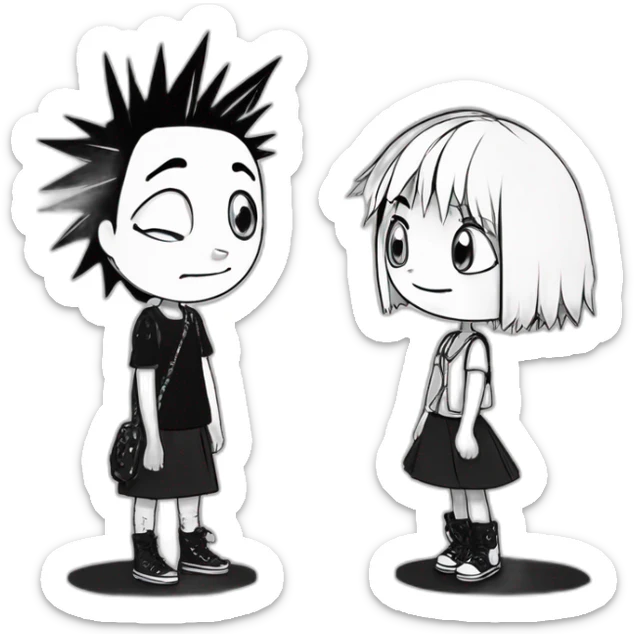 (a black and white dog) and a girl with black spiky hair looking at each other in style of ((sarah andersen)), black and white,sarah andersen,cartoon,drawn,sketch sticker