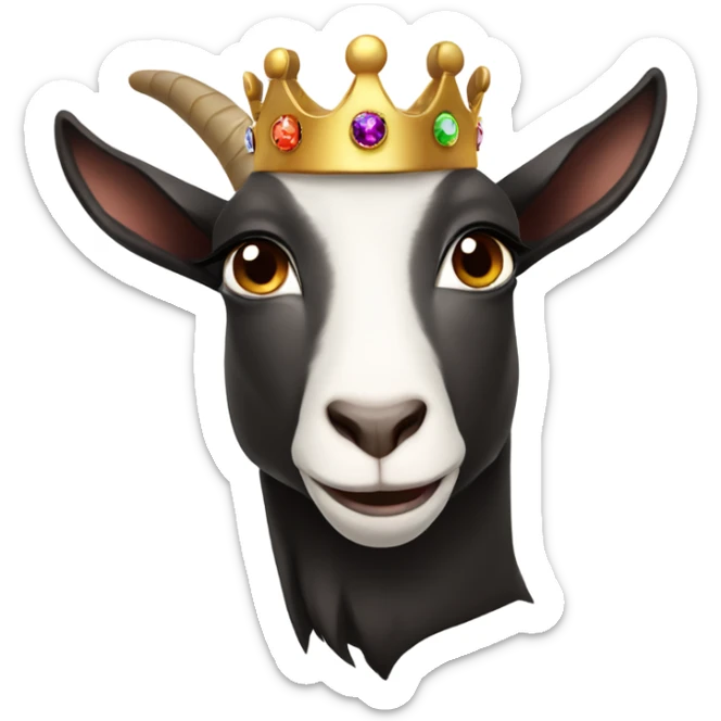 Goat wearing black hoodie and a royal crown lots of gems dark brown eyes sticker