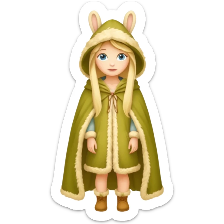 full body woman long blonde hair blue eyes white skin wearing rabbit hat and soft moss cloak sticker