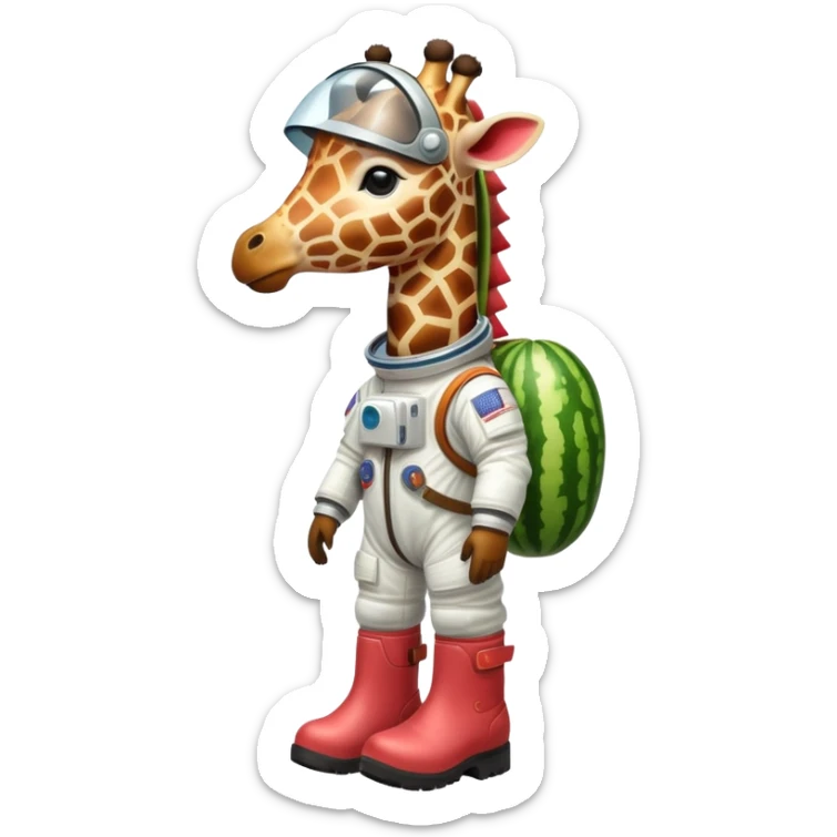 watermelon body with only the head of a giraffe poking out, wearing brown boots and an astronaut helmet sticker