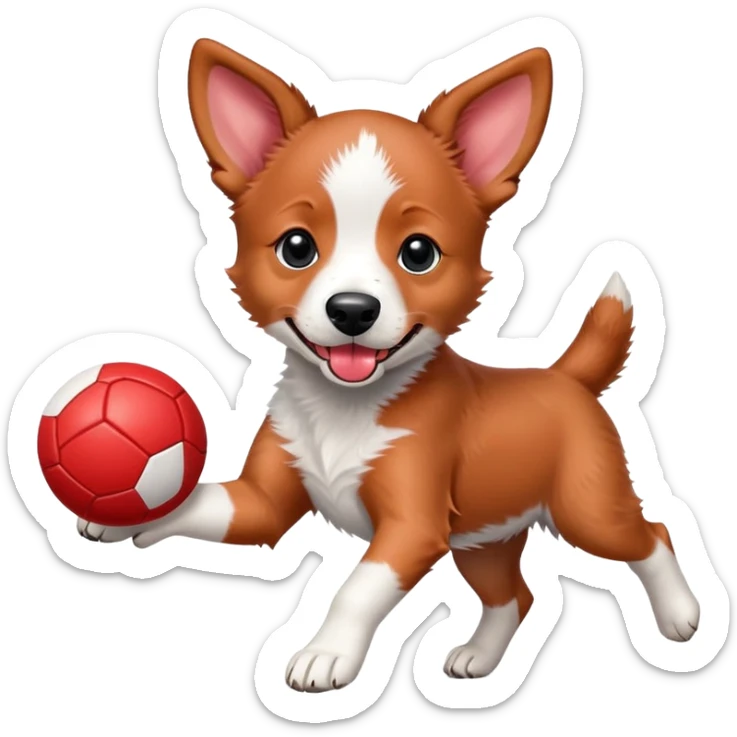 Playful red heeler puppy with tongue out, running with a ball sticker