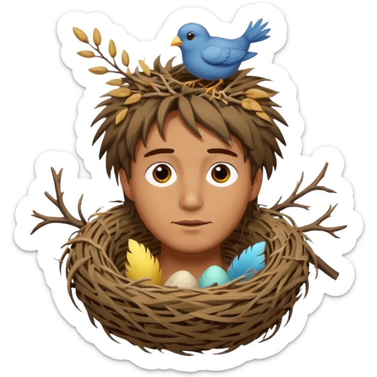 Man who has a birds nest on top of his head for hair sticker