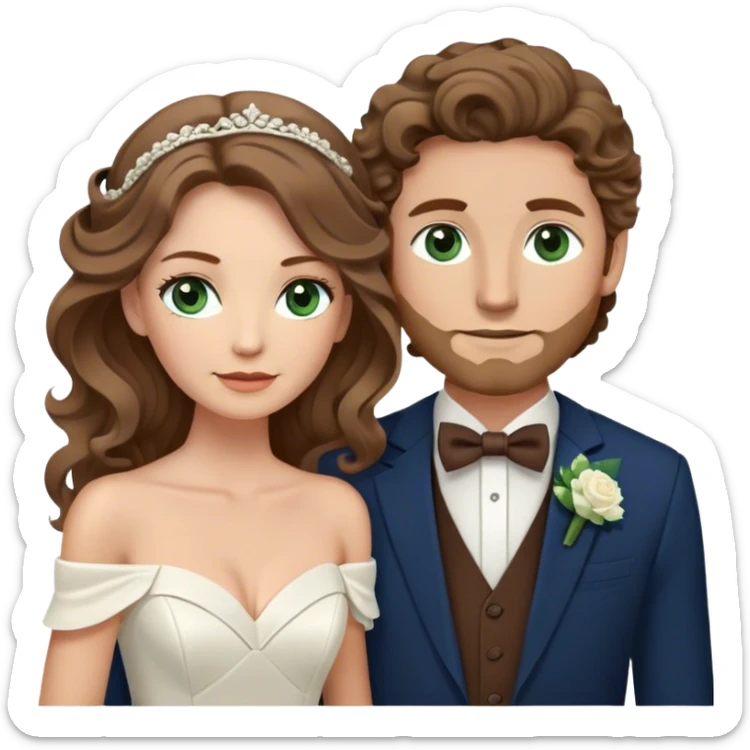A bride and groom. Bride has brown hair with soft curls, has green eyes, wears an off shoulder dress. Groom has blond hair, dark blue eyes, wears a brown suit with a brown vest and a bolo tie. sticker