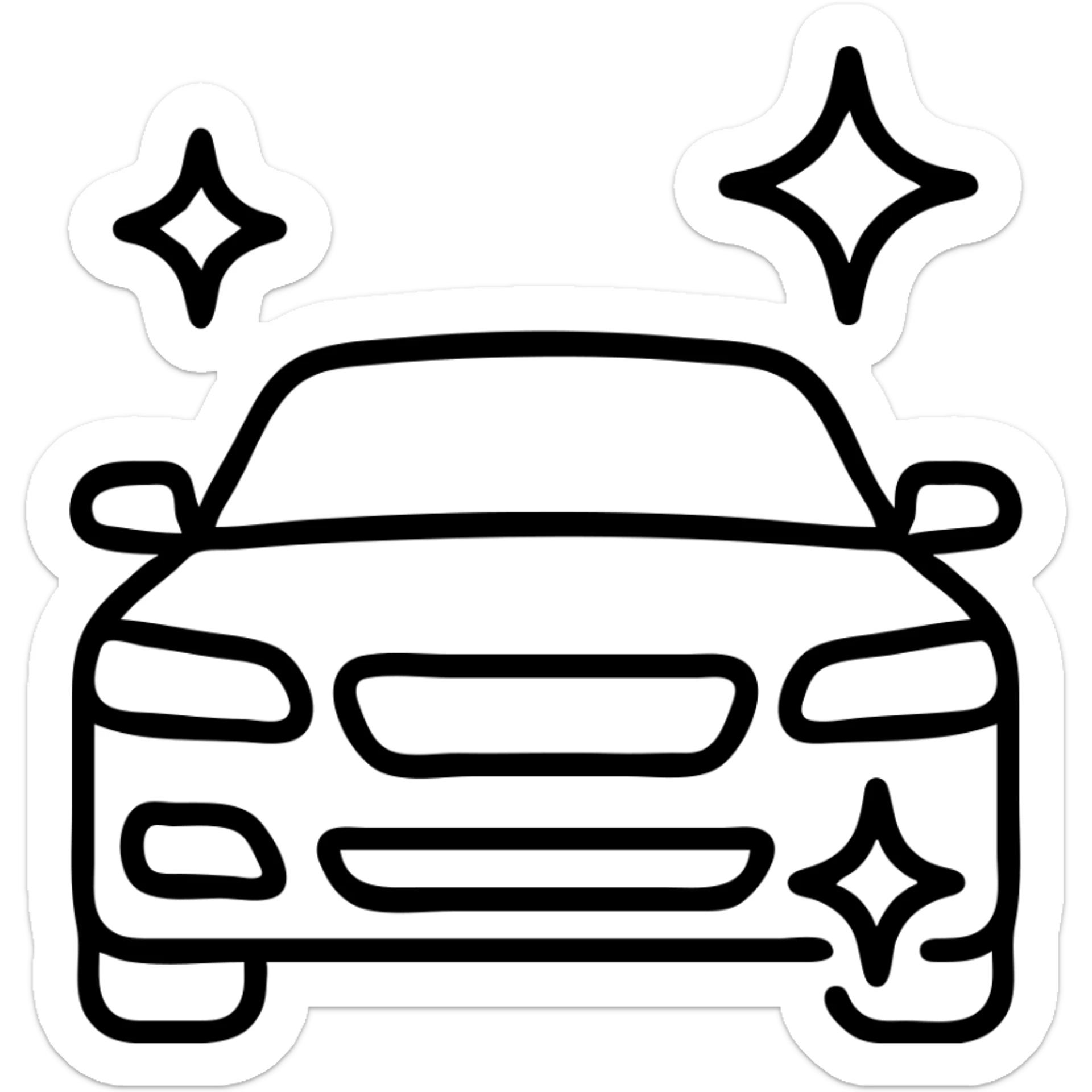 outlined icon of a high-end car, glossy black with sparkling stars and mirror-like reflections, clean lines, modern and simple, perfectly clean vehicle sticker