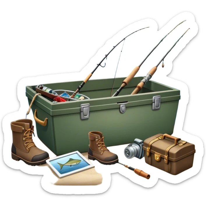Icon for Fishing: a boat on the shore of a peaceful water body with a beautiful natural landscape, a fishing tackle box, a spinning rod, and boots nearby. The icon should capture the tranquility and gear of a fishing adventure. Transparent background. sticker