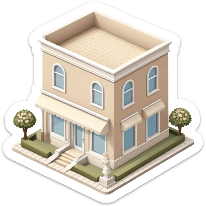 Isometric exterior little beige and white bridal gown boutique dollhouse style 3D realistic  sticker