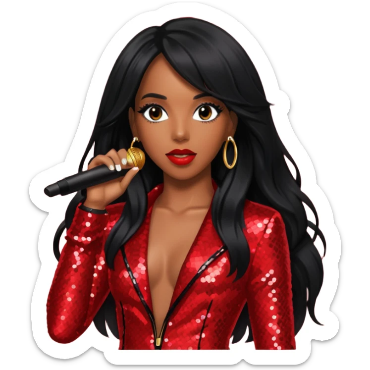 Kelly Rowland with long black hair, red sequin tour outfit  sticker