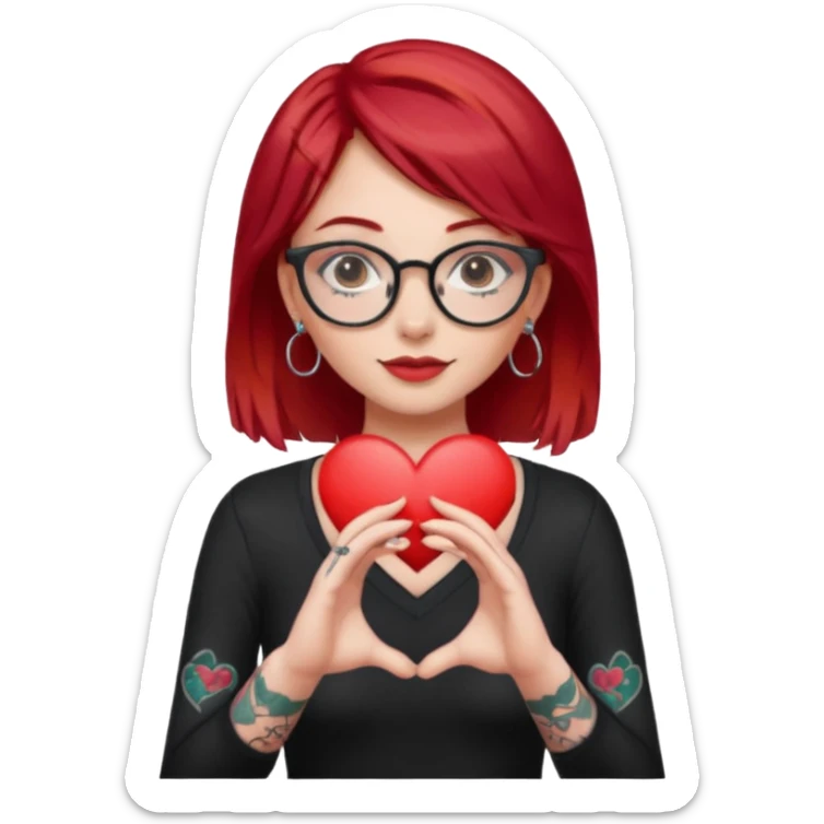 Beautiful girl, with glasses, red hair, tall, slim, with tattoos and small piercing, showing heart with hands sticker