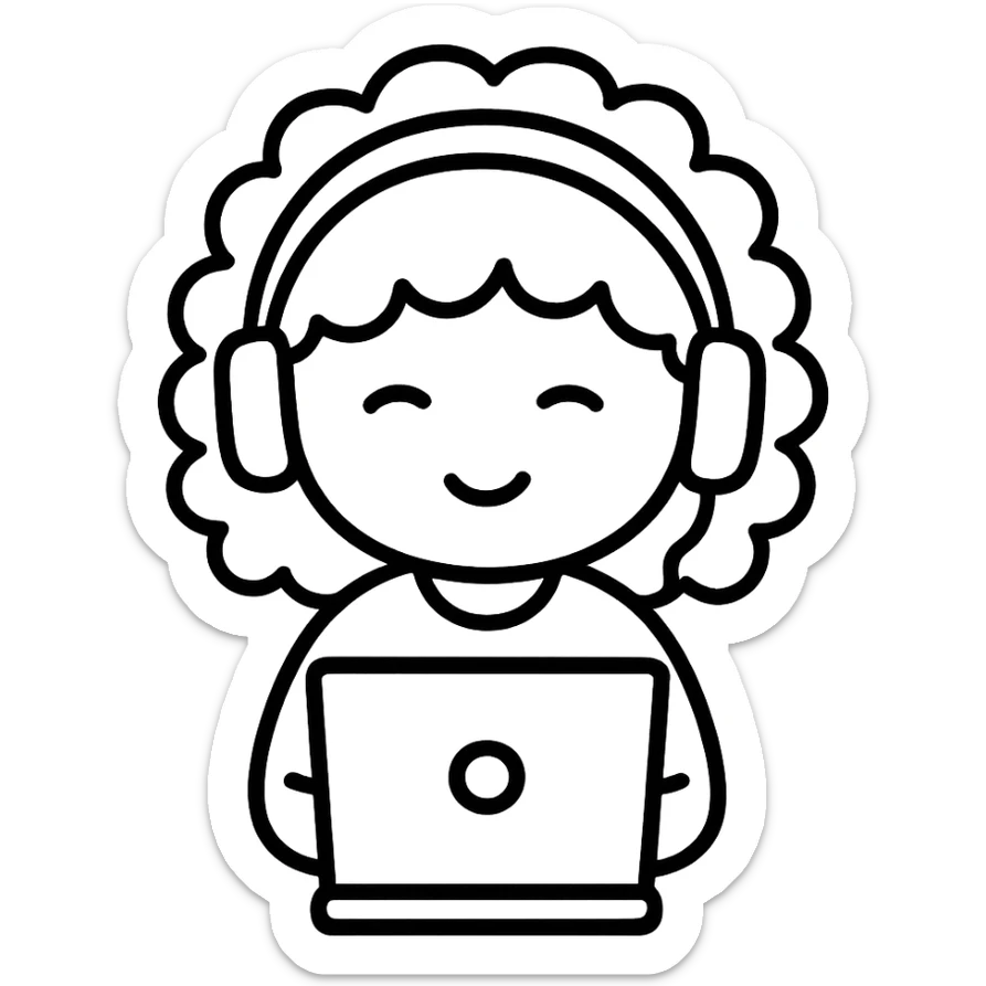 hand drawn outline icon of a curly hair girl with headphones and a laptop sticker