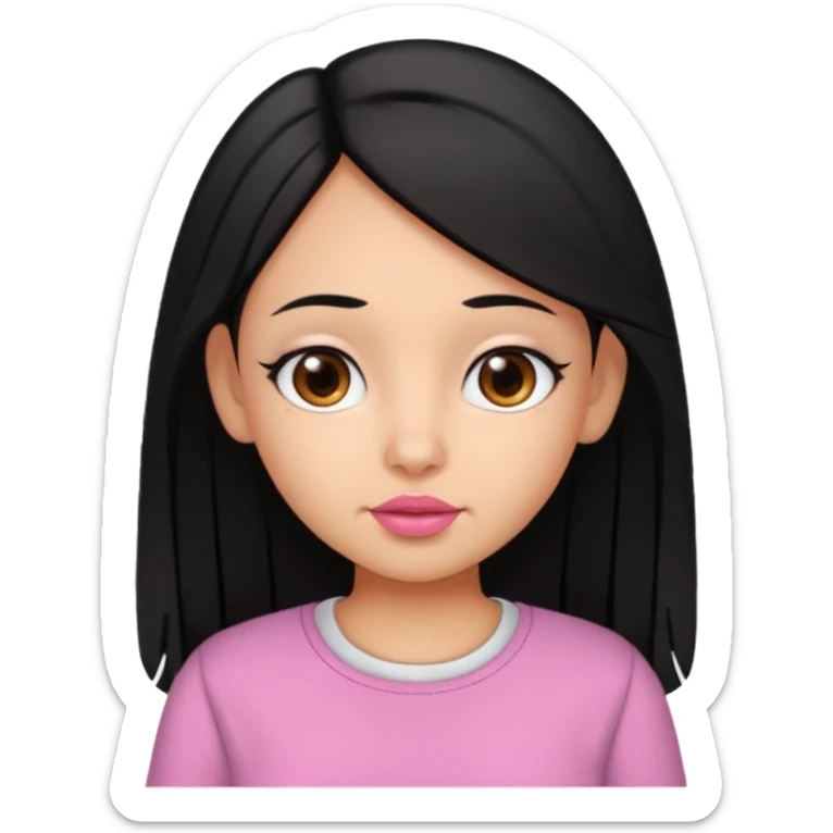 Gordita, ojos pequeños de color cafe oscuro, labios pequeños y rosados, piel trigueña, orejas pequeñas, cabello largo lazio y negro, pequeña. sticker