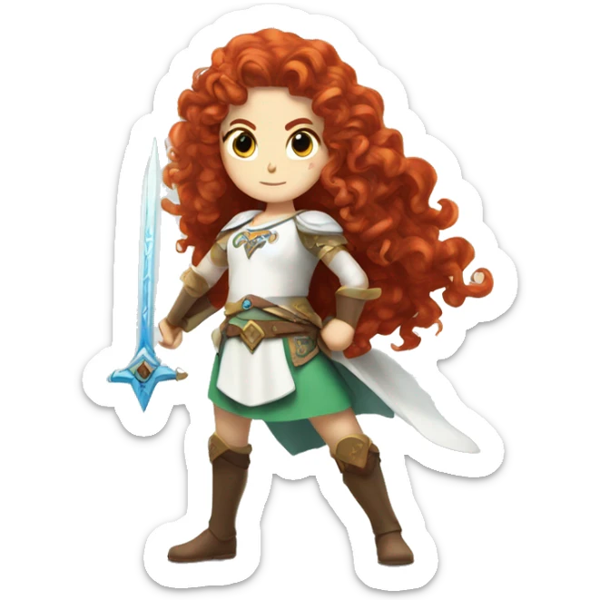 a white girl with long red curly hair and freckles, cosplaying Princess Zelda posing and ready for a fight sticker