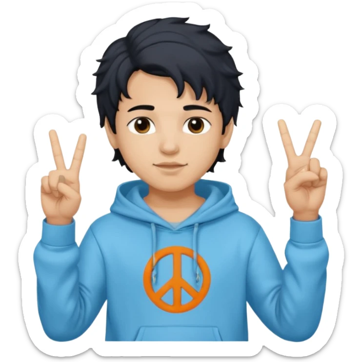 An indian boy in a light blue hoodie with wavy flow hairstyle showing peace sign, with black hair color sticker