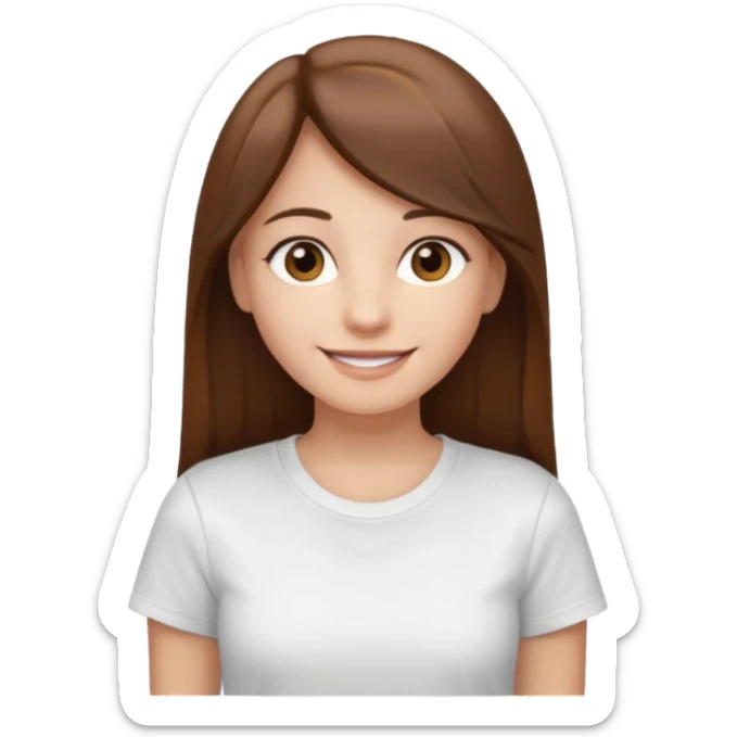Chica de pelo liso ,largo y marrón con ojos color marrón claro y una camiseta blanca y la piel blanca sticker