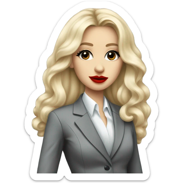 Russian Blonde long hair with big red lips small nose and black eyes Tiffany diamond seller in a grey suit sticker