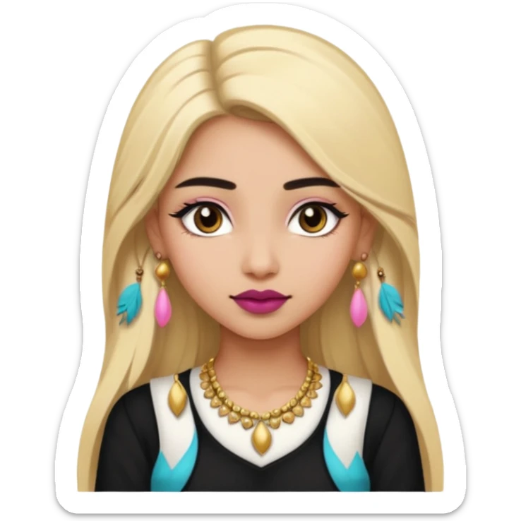 Sweet Indian girl blond long hair darkbrow  eyes brown/pink lipstick blush, black top gold earrings, brown eyebrows  sticker