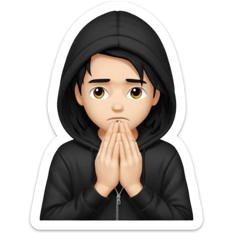 a PRETTY BRATZ boy with black long hair looking sad and covering his face with hands sticker