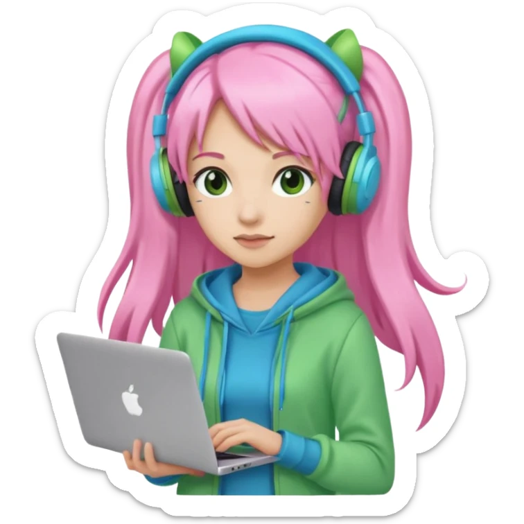 Create an emoji of a woman with long pink twin-tail hair. She is a game streamer, wearing green headphones, holding a MacBook, and dressed in a blue outfit. sticker
