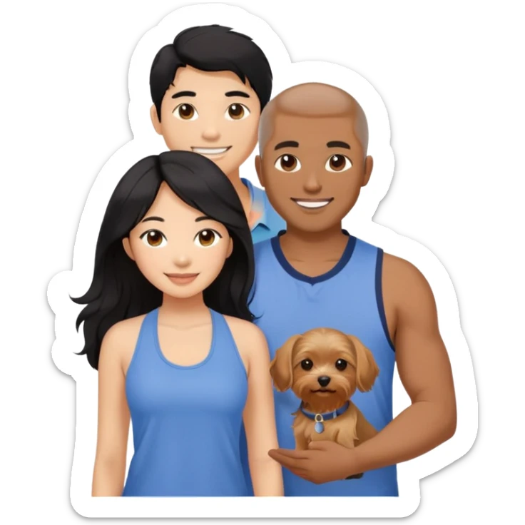 A pretty Asian girl with long, luscious wavy black hair (loose, no hair tie), wearing a sleeveless halter top. She is standing beside a brown-skinned man with a middle part haircut, who is wearing a polo shirt. They are both smiling and holding a small Yorkshire Terrier together. sticker