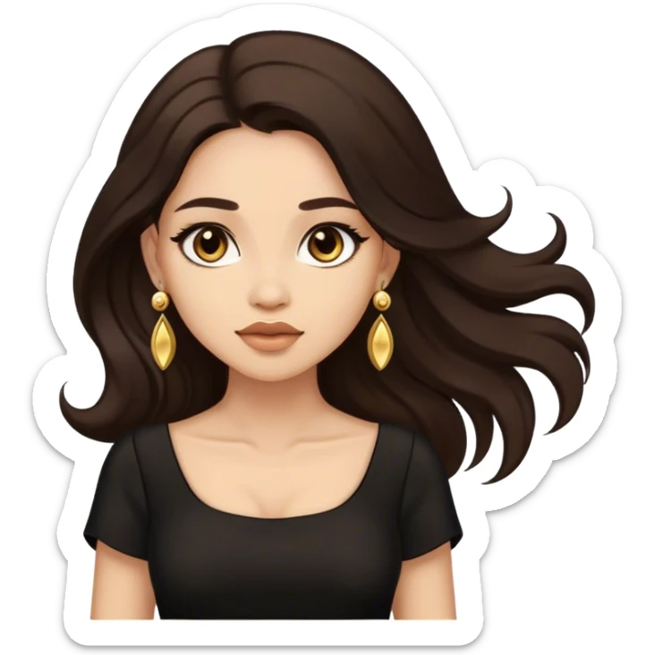Beautiful woman,cute, long dark brown hair in dark dress with gold earrings sticker