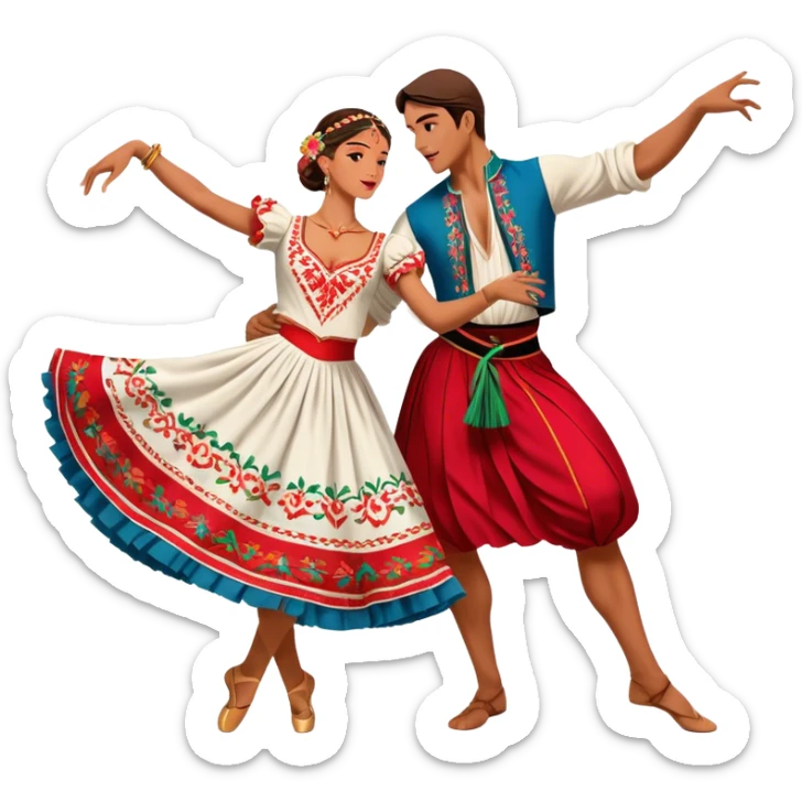 Cinematic Realistic scene of two dancers performing the Tarantella, dressed in vibrant, flowing traditional costumes with detailed embroidery and dynamic skirts, captured in festive motion with warm, lively lighting sticker