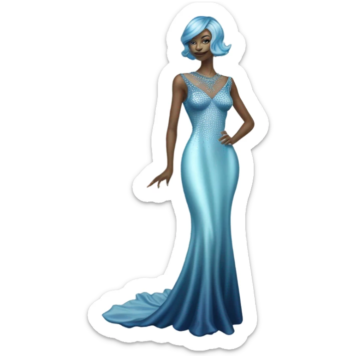 reptilian alien woman, in long slim pastel blue formal party satin dress with gradient shiny sparkling navy blue diamonds embroidered, full body full figure sticker
