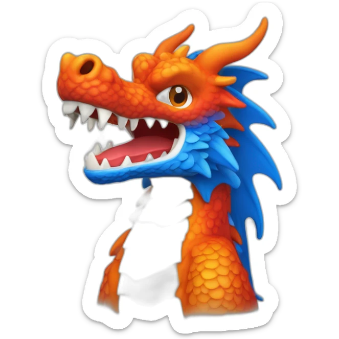 Un dragon mi loup de couleur rouge, bleu, blanc et orange moutardes. Il a des corne de bélier orange moutard. Il qui crache du feux sticker