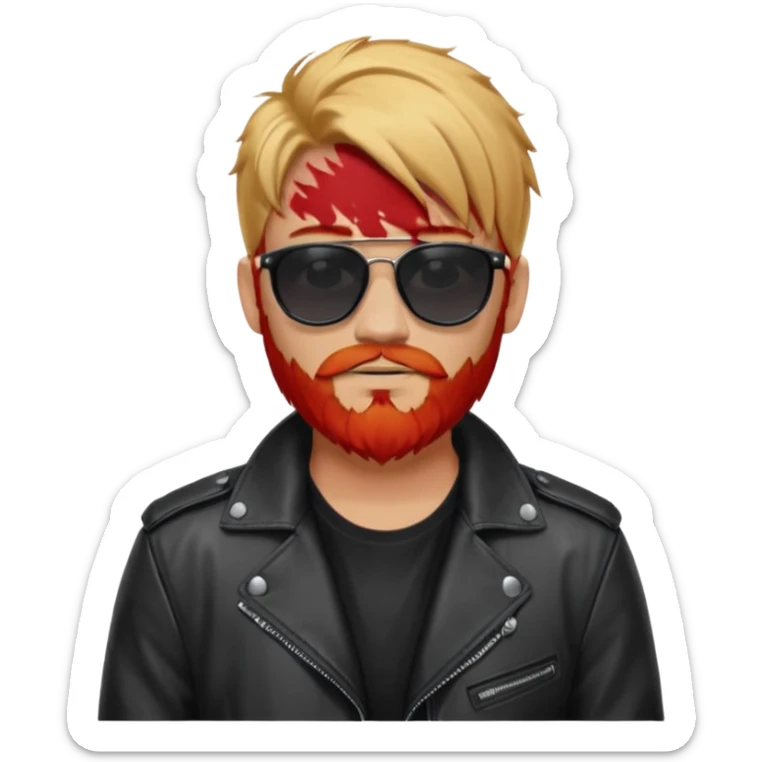 generate an ios genmoji of a 20 year old tan boy with black sunglasse Wearing a leather jacket. Has a dyed blonde beard and veryyyyy long red hair sticker