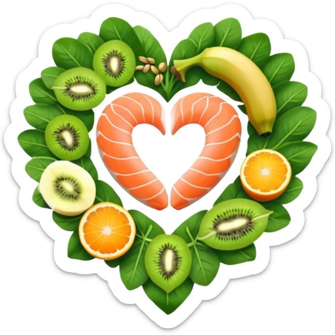 Banana, spinach leaves, salmon, kiwi, pistachios, and orange juice floating in a circle around a glowing heart that pulses with steady rhythm. Waves of electrical energy connect the foods to the heart, muscles, and nerve pathways, showing how potassium regulates fluid balance and electrical signals. sticker