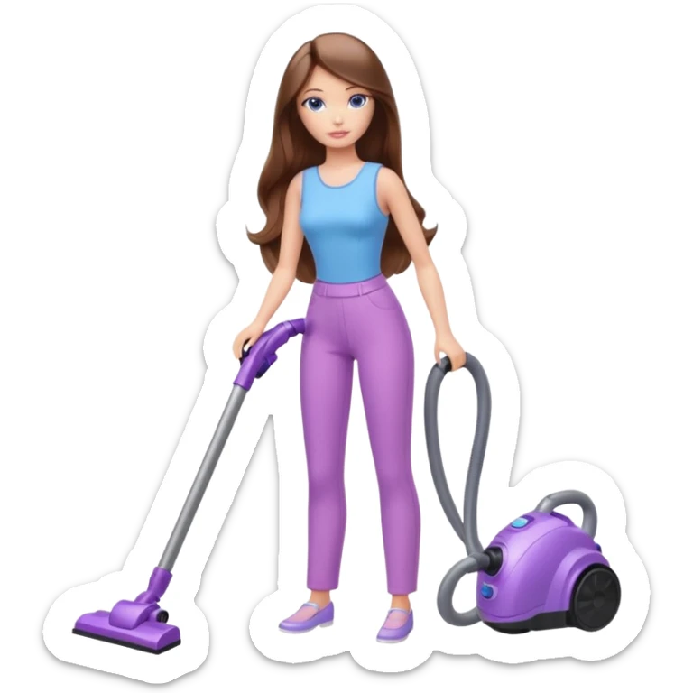 beautiful barbie girl with long brown hair, blue eyes and wearing light purple clothes, cleaning and vacuuming sticker