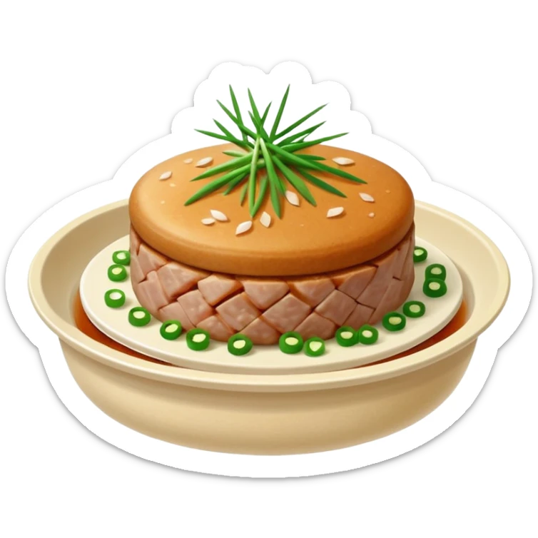 Emoji of a Chinese steamed pork patty in a small dish, topped with chopped scallions, soft texture, minimal style. sticker