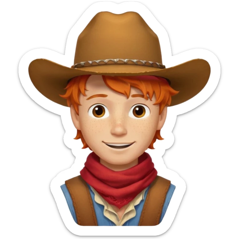 a wavy orange hair boy wearing a cowboy hat with a mischievous grin and freckles with western red scarf on his neck sticker