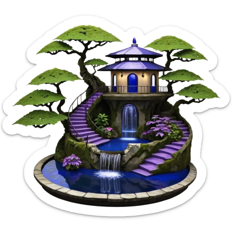 Alien saucer poolhouse jungle-vines winding narrow stairway fountain koi pond mountainside -island getaway nighttime landscape antique mudman very old broken cracked intricate Stone Age lapis-crusted irregular dodecagon-shaped shallow dark moss rough bark violet serissa flowered maple tree bonsai sticker