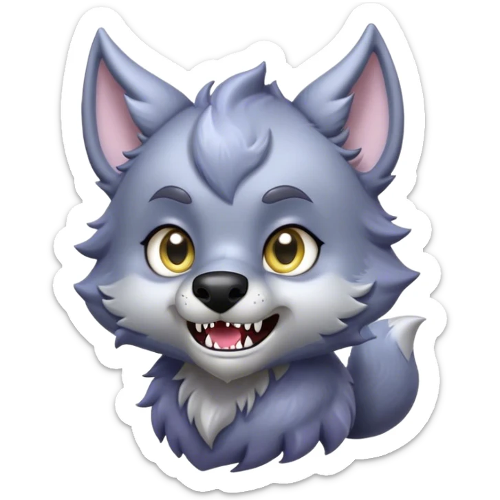 Cinematic Cute Werewolf Portrait Emoji, with a cuddly, miniature lupine form in soft moonlit grays and silvers, featuring oversized sparkling eyes and a sweet, endearing snarl, simplified yet irresistibly adorable, highly detailed with a gentle glowing outline that captures the playful, heartwarming essence of a little werewolf! sticker