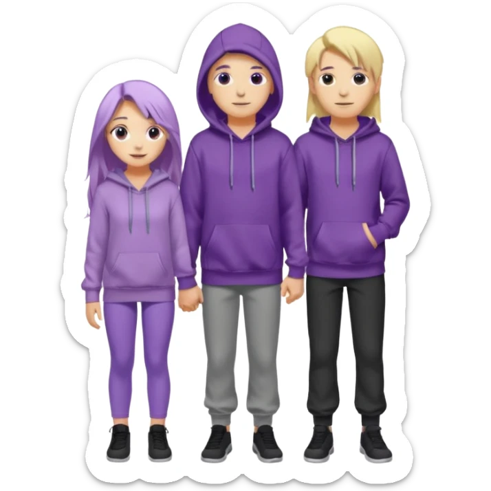 full-length happy couple, girl with long purple hair and gray eyes in lilac hoodie, boy with blonde hair in black hoodie sticker