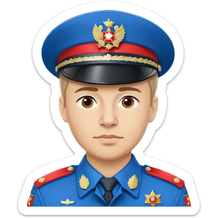 Russian police officer with blue uniform and traditional peaked cap with red band sticker