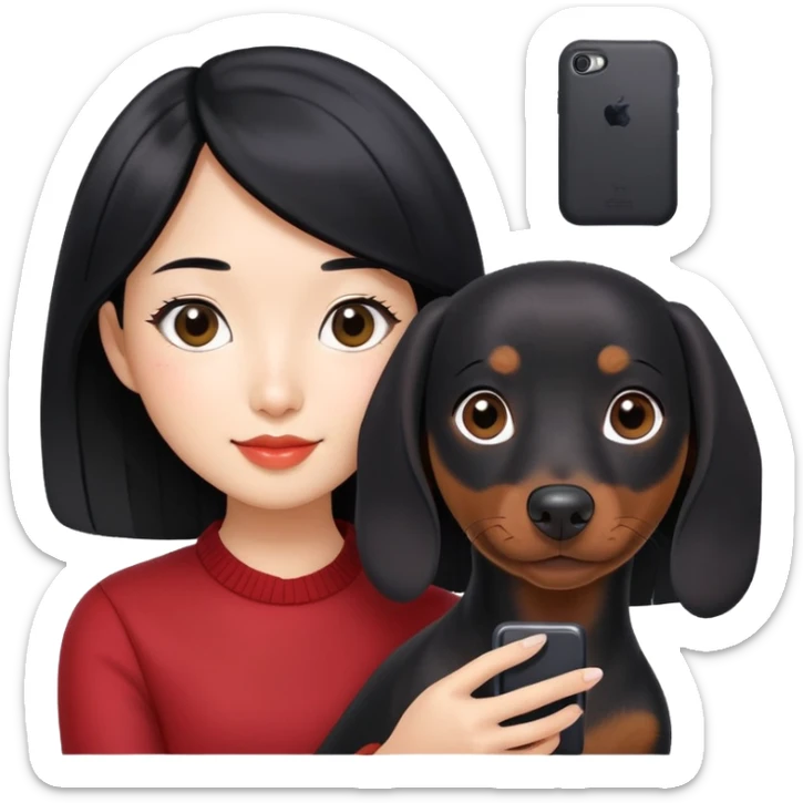 black hair asian girl taking selfie with black dachshund sticker