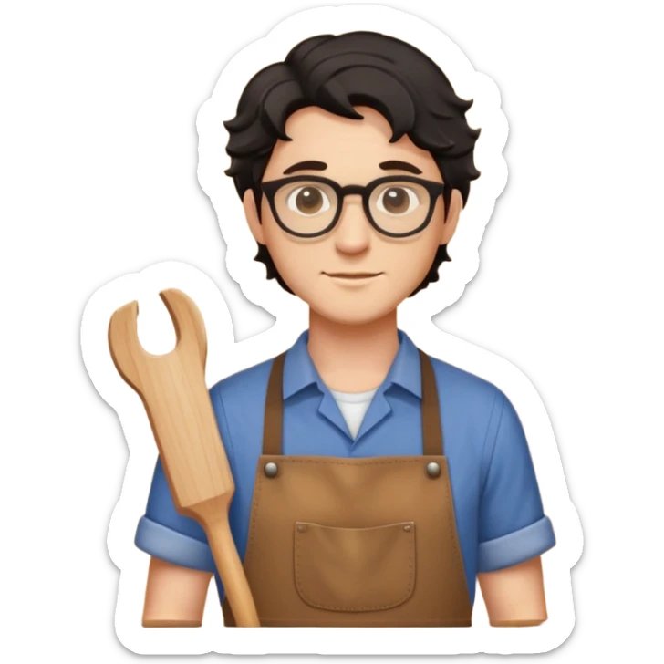 Young caucasian man with black wavy hair, round glasses, brown carpentry apron over a shirt, woodworker sticker