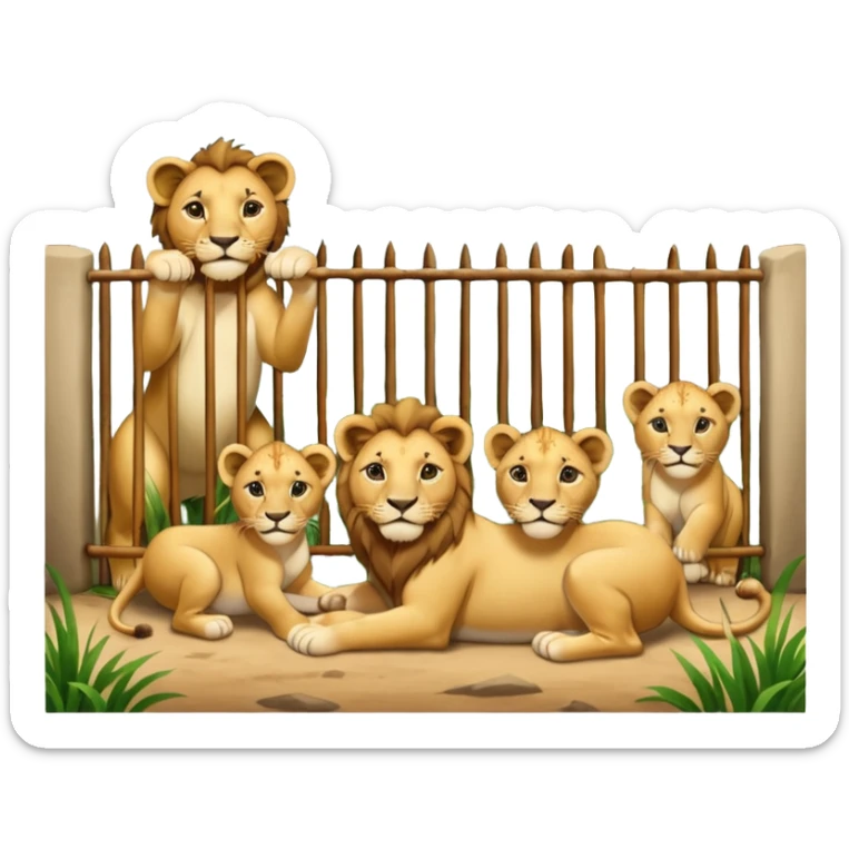 Un letrero del zoológico que dice “LION CUBS — BORN LAST WEEK” y delante una leona con sus cachorros recién nacidos, con la gente mirando emocionada desde la reja.






 sticker