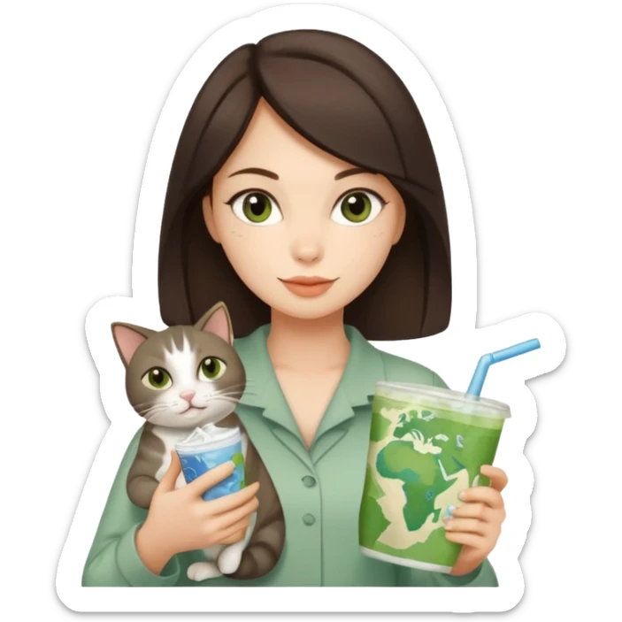 a brunette woman in here 30S drinking an iced matcha, carrying a grey cat and a map of the world sticker