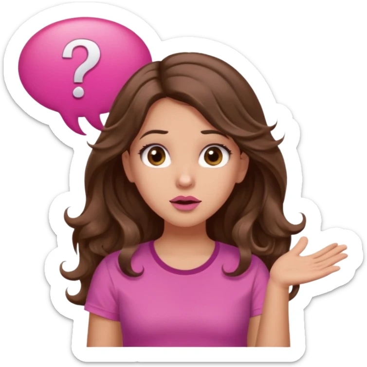 girl with long wavy brown hair, brown eyes, light to medium complexion, in a pink shirt, pink lips, long lashes, shugging, question mark one speech bubble sticker