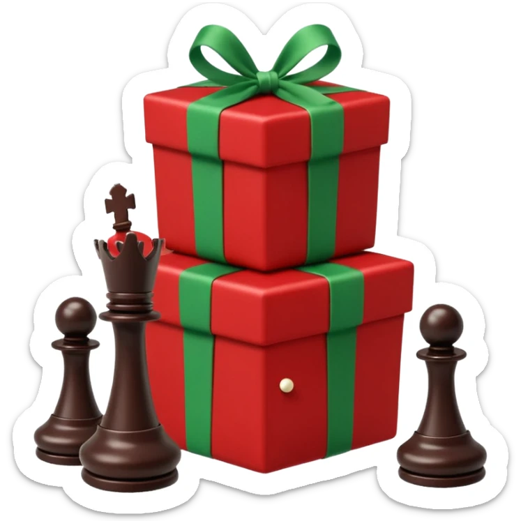 A red gift tied with a green ribbon in a white polka dot, with a knight and pawn chess pieces falling out of the gift sticker